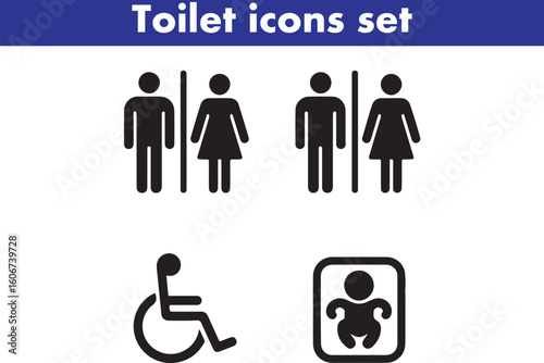 Toilet icons set, common male female restroom, handicap wheelchair access, sanitizer liquid soap, WC direction, baby changing table room, toilet signs, WC signs collection