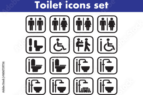 Toilet icons set, common male female restroom, handicap wheelchair access, sanitizer liquid soap, WC direction, baby changing table room, toilet signs, WC signs collection
