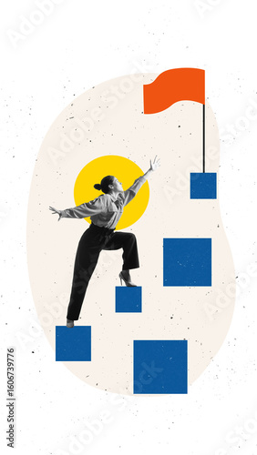 Collage of woman climbing symbolic blocks reaching for red flag. Concept of career achievement, corporate ambition, leadership success, and goal progression.
