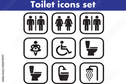 Toilet icons set, common male female restroom, handicap wheelchair access, sanitizer liquid soap, WC direction, baby changing table room, toilet signs, WC signs collection