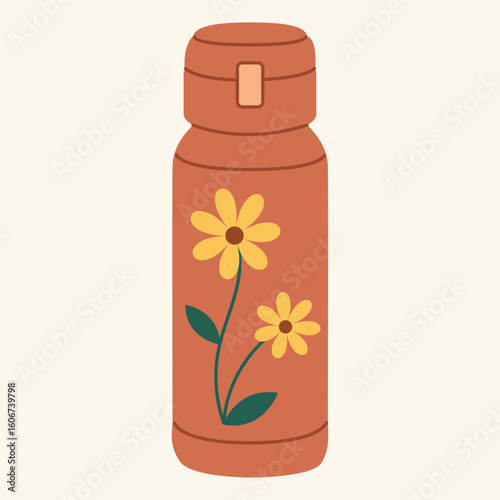 Thermos mug, reusable cup, cup for hot drinks. Travel camping equipment. Vector illustration in flat style