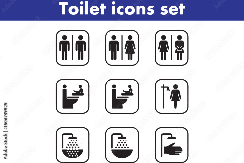 Toilet icons set, common male female restroom, handicap wheelchair access, sanitizer liquid soap, WC direction, baby changing table room, toilet signs, WC signs collection Toilet icons set, common male female restroom, handicap wheelchair access, sanitizer liquid soap, WC direction, baby changing table room, toilet signs, WC signs collection