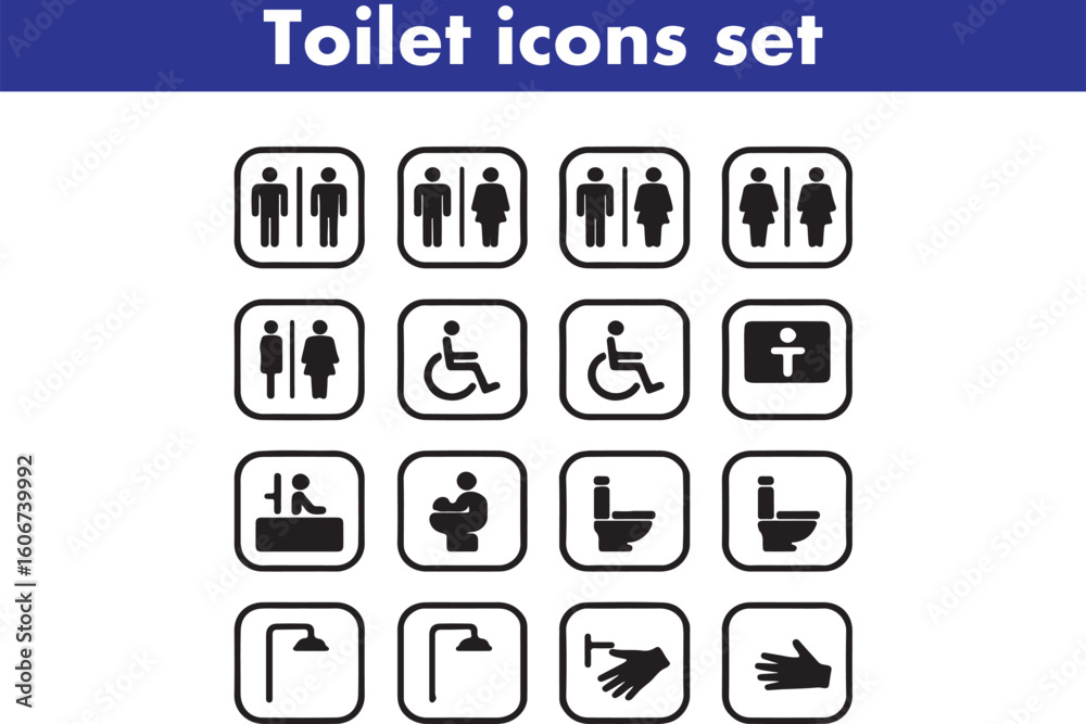 Toilet icons set, common male female restroom, handicap wheelchair access, sanitizer liquid soap, WC direction, baby changing table room, toilet signs, WC signs collection Toilet icons set, common male female restroom, handicap wheelchair access, sanitizer liquid soap, WC direction, baby changing table room, toilet signs, WC signs collection