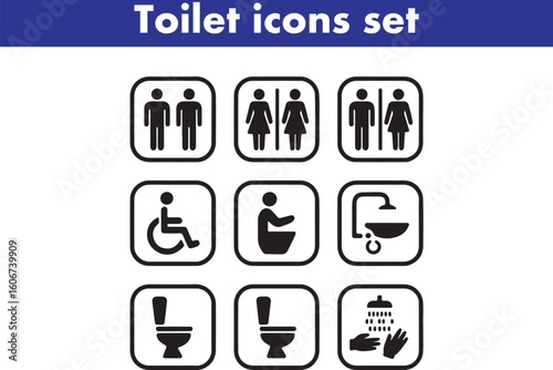Toilet icons set, common male female restroom, handicap wheelchair access, sanitizer liquid soap, WC direction, baby changing table room, toilet signs, WC signs collection