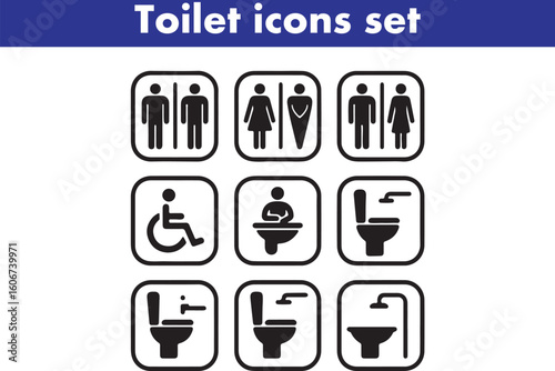 Toilet icons set, common male female restroom, handicap wheelchair access, sanitizer liquid soap, WC direction, baby changing table room, toilet signs, WC signs collection