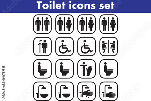 Toilet icons set, common male female restroom, handicap wheelchair access, sanitizer liquid soap, WC direction, baby changing table room, toilet signs, WC signs collection