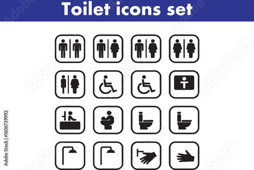 Toilet icons set, common male female restroom, handicap wheelchair access, sanitizer liquid soap, WC direction, baby changing table room, toilet signs, WC signs collection