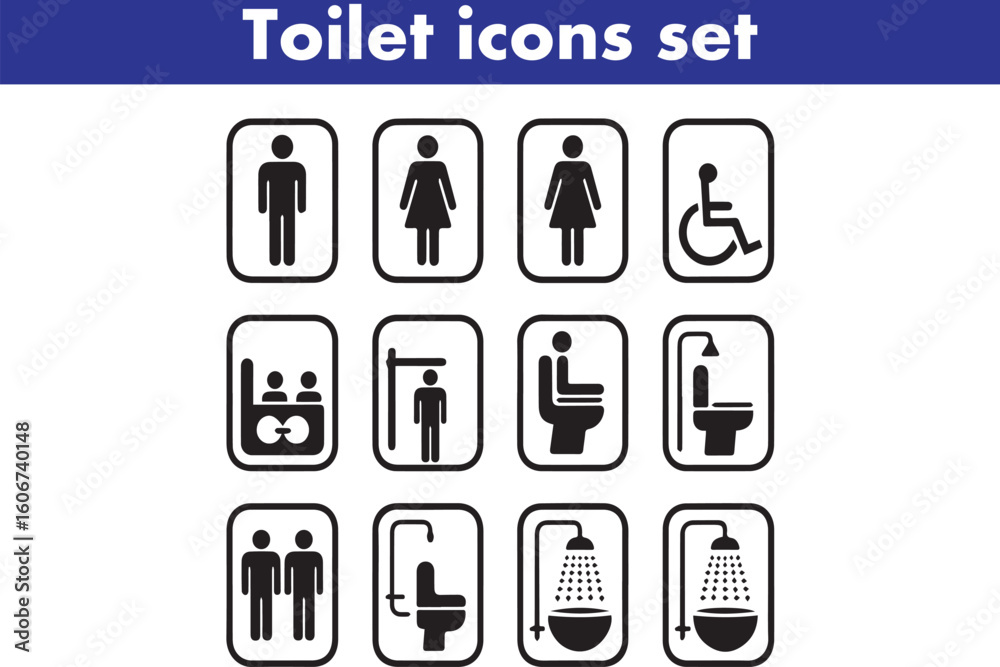 Toilet icons set, common male female restroom, handicap wheelchair access, sanitizer liquid soap, WC direction, baby changing table room, toilet signs, WC signs collection Toilet icons set, common male female restroom, handicap wheelchair access, sanitizer liquid soap, WC direction, baby changing table room, toilet signs, WC signs collection