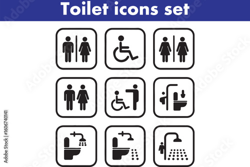 Toilet icons set, common male female restroom, handicap wheelchair access, sanitizer liquid soap, WC direction, baby changing table room, toilet signs, WC signs collection