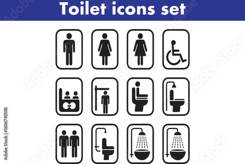 Toilet icons set, common male female restroom, handicap wheelchair access, sanitizer liquid soap, WC direction, baby changing table room, toilet signs, WC signs collection