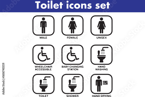 Toilet icons set, common male female restroom, handicap wheelchair access, sanitizer liquid soap, WC direction, baby changing table room, toilet signs, WC signs collection