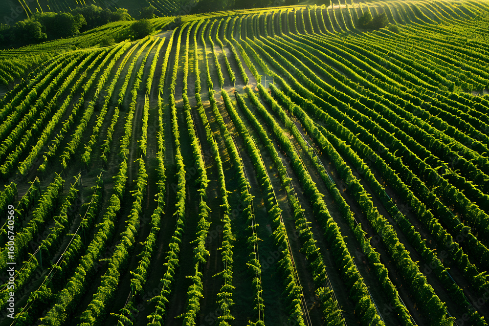 Fototapeta premium Aerial view of lush green vineyard rows perfectly