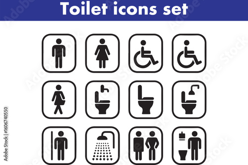 Toilet icons set, common male female restroom, handicap wheelchair access, sanitizer liquid soap, WC direction, baby changing table room, toilet signs, WC signs collection