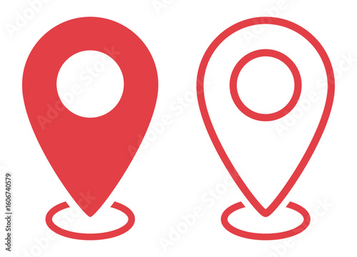 Location pin icons in filled and outlined design styles. Ideal for maps, GPS, navigation, travel apps, and user interface elements. Map, icons, vector, symbols.