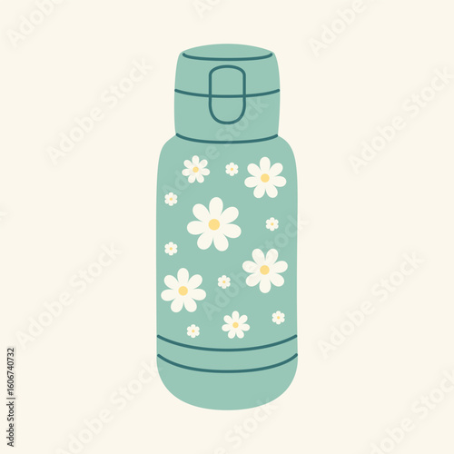 Thermos mug, reusable cup, cup for hot drinks. Travel camping equipment. Vector illustration in flat style