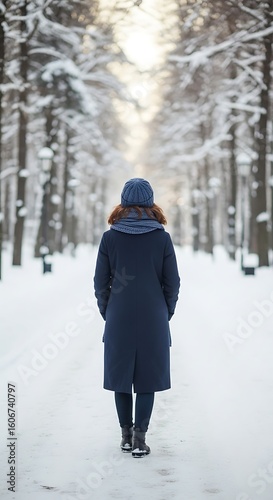 Woman walking in a snowy park.
