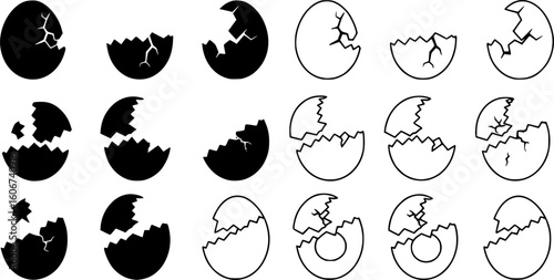 Set of broken eggs icon. Black and outline shapes of cracked egg. vector set
