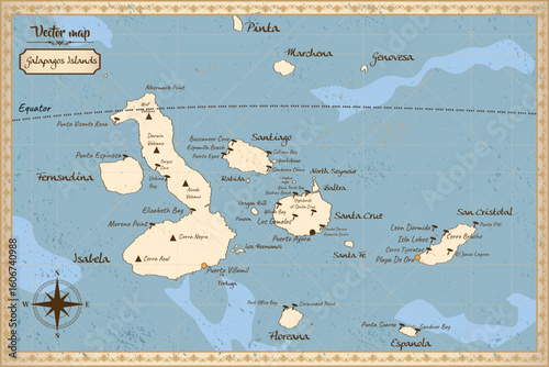 Galapagos Islands with this beautifully illustrated vintage-style map. Featuring detailed island names, volcanoes, coves, and key wildlife spots. Ideal for nature lovers, educational materials, travel