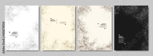 Vector illustration. Halftone dotted frame set. Design for poster, invitation, journal, flyer, coupon, book cover. Dark color faded dots border on light background. Retro geometric banners collection