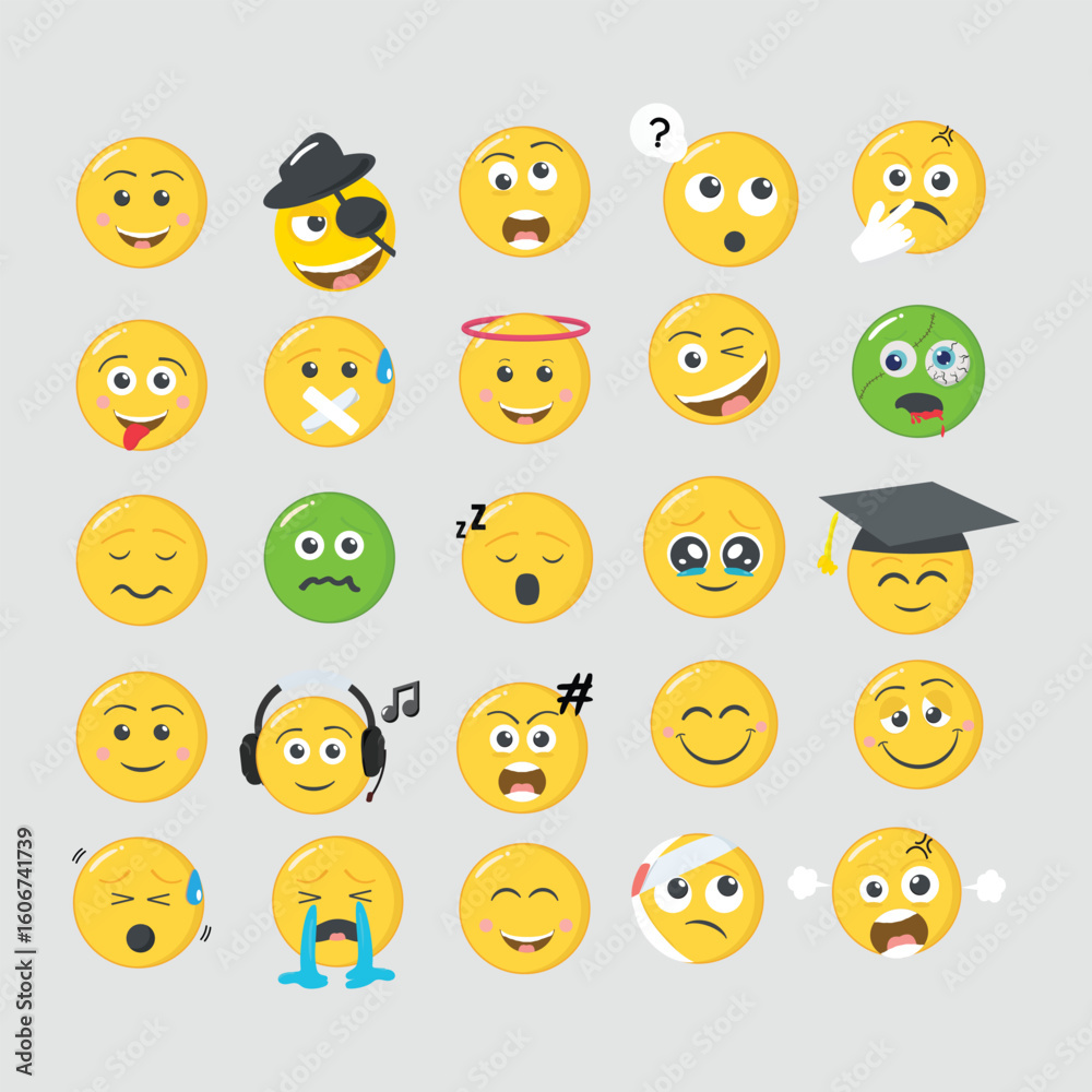 Expressive Emoticon Vector Collection. A diverse set of yellow emoji faces showcasing various human emotions and expressions Expressive Emoticon Vector Collection. A diverse set of yellow emoji faces showcasing various human emotions and expressions