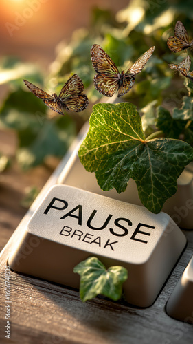 Pause and embrace nature's beauty: Butterflies and foliage adorn a keyboard, urging a digital detox and mindful break.