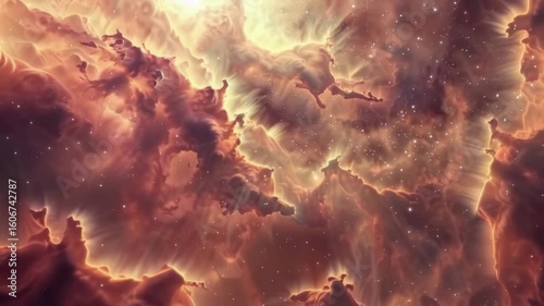 Vivid nebula with vibrant colors of orange and red, set against a dark background. This is a cosmic landscape that might be part of the Milky Way galaxy.