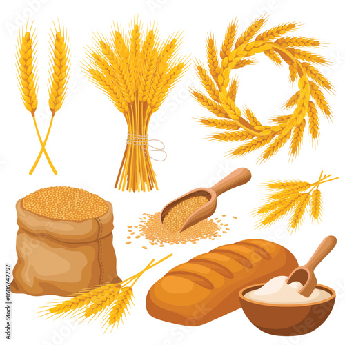 Collection of wheat harvest elements including bread bag and wreath