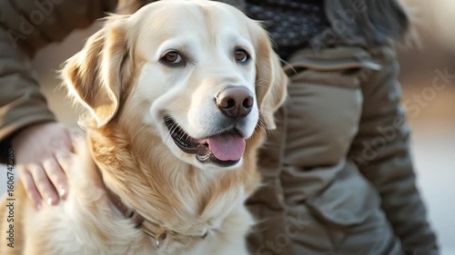 Golden retriever dog with a joyful expression, standing beside a person in a cozy jacket, enjoying a serene outdoor moment by a calm body of water in the background