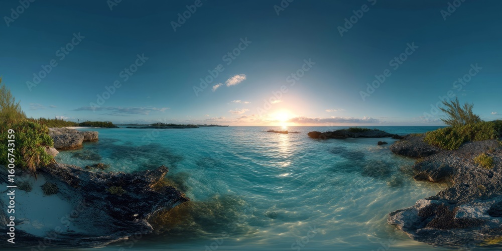 Fototapeta premium Stunning hdr 360-degree panorama of tranquil ocean sunset caribbean beach nature scene
