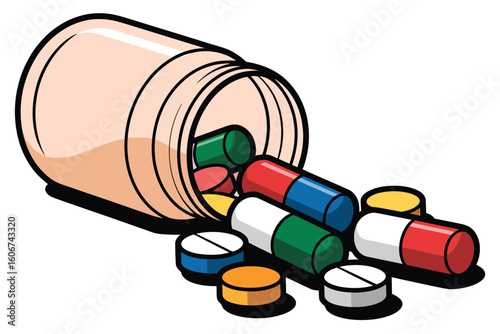 Bottle of colorful pills and capsules spilling out onto a white surface