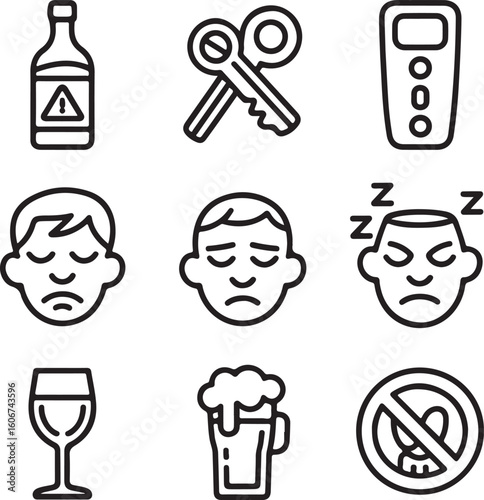 Alcohol Awareness Icons Drinking Behavior, Health Warnings, Drunk Driving, and Hangover Symptoms