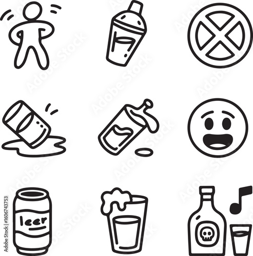 Party Drinking and Alcohol Effects Icons Intoxication, Liquor, DUI Risks, and Bar Culture Symbols