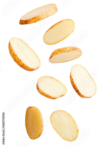 potato slices falling on white background