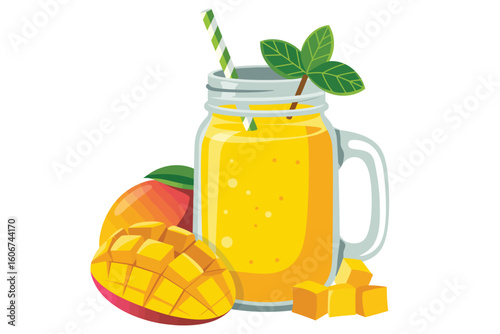Refreshing mango smoothie in a mason jar with fresh fruit and mint