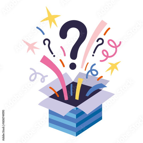 Mystery blind box bursting with colorful confetti and question mark, surprise gifts or unknown rewards. Trendy modern vector illustration isolated on white background, hand drawn, flat design