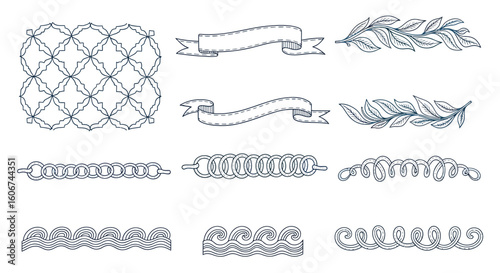 Collection of elegant hand-drawn design elements:  geometric patterns, ribbons, foliage, and rope motifs.