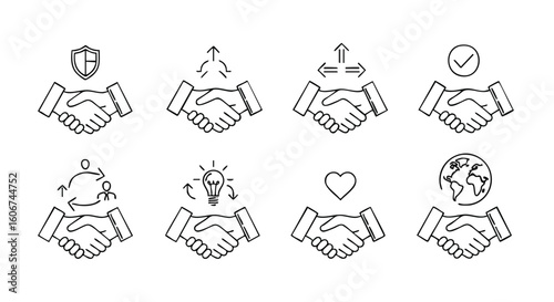 A collection of modern line art handshake icons illustrating concepts like business partnership, trust, global agreement, and successful collaboration.
