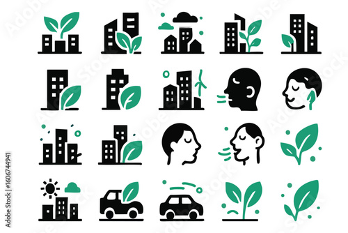 Eco-friendly city icons: a collection of 20 vector illustrations depicting green buildings, clean air, and sustainable transportation, ideal for environmental projects and eco-conscious branding.