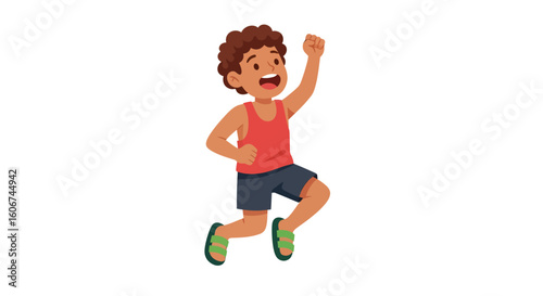 Joyful boy leaps in the air, celebrating victory with a raised fist.