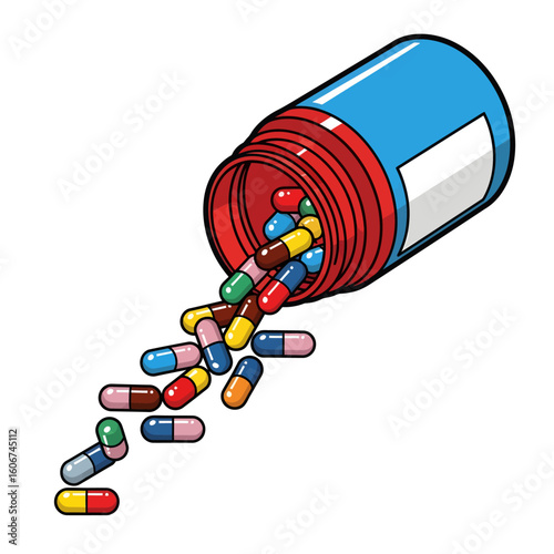A cartoon illustration of a blue and red pill bottle spilling colorful medication capsules onto a white surface.