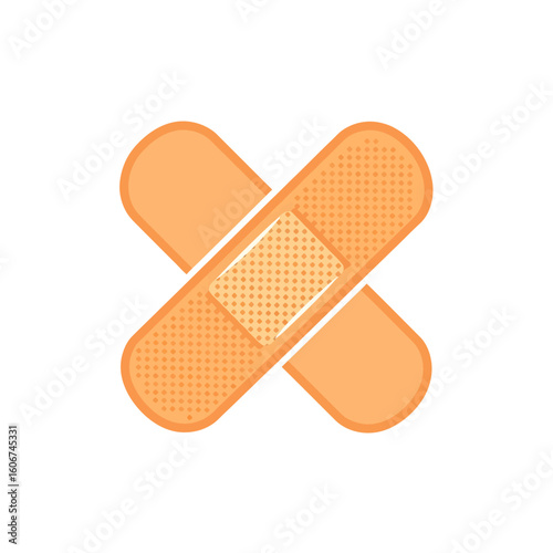 Two adhesive bandages crossed, forming an X shape, on a clean white background.