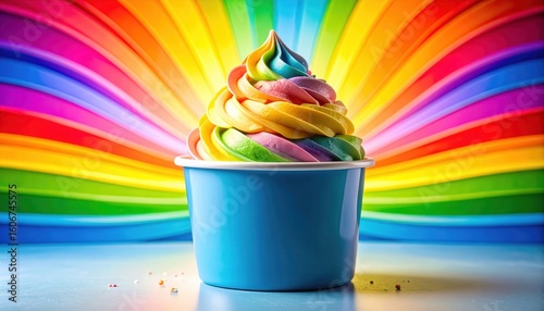 Colorful swirled Rainbow soft serve ice cream in a blue cup served against a vibrant rainbow backdrop
