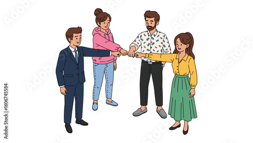 Diverse team building fist bump illustration for collaboration and teamwork concepts