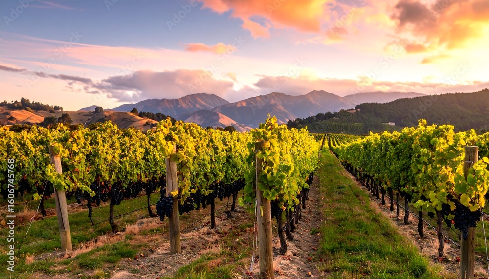 Fototapeta premium Vineyard landscape at sunset