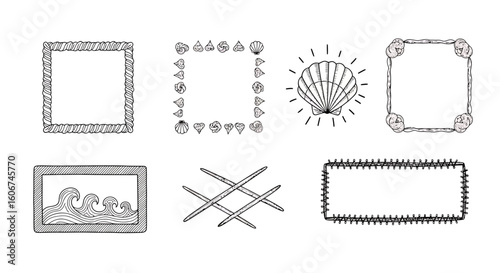 Collection of decorative, hand-drawn picture frames with nautical and seashell motifs.