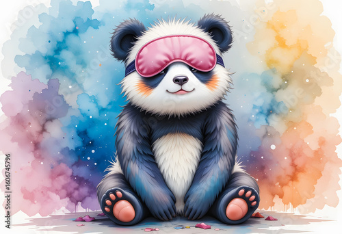 A whimsical watercolor illustration of an adorable panda doll peacefully sleeping with a pink eye mask, in a vibrant and colorful style, isolated on a white background.