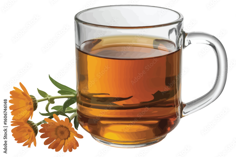 Glass mug filled with golden calendula herbal tea next to fresh flowers Glass mug filled with golden calendula herbal tea next to fresh flowers