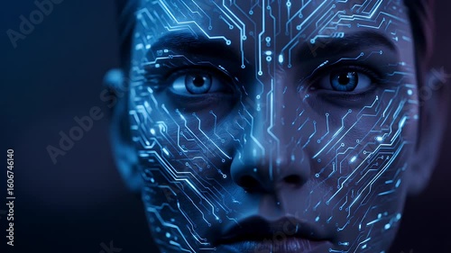 Digital Face: Circuitry Overlay Abstract Animation with Glowing Blue Lines, Futuristic Technology Theme