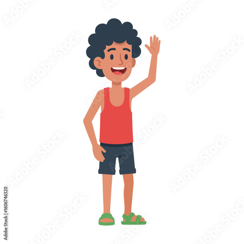 Cheerful cartoon boy waving hello, friendly gesture, vector illustration for various designs