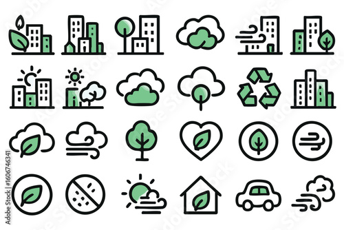 Collection of 25 eco-friendly city icons, perfect for websites, apps, and presentations needing sustainable, green, and nature-related imagery, promoting environmental awareness and corporate social